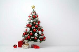 ai generato decorato Natale albero su bianca sfondo foto