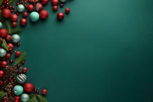 ai generato Natale vacanze composizione di abete albero rami con palline copia spazio foto