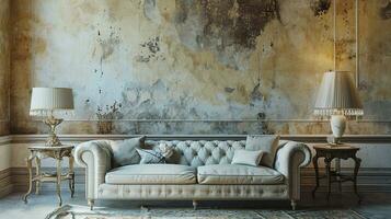 ai generato Vintage ▾ vivente camera interno design con divano minimo estetico 3d reso foto