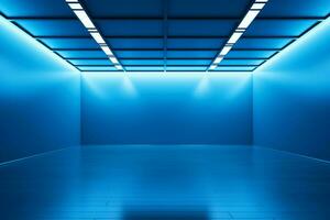 ai generato esposizione fascino vuoto blu camera con pensieroso posto illuminazione foto