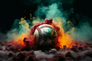 ai generato vivido contrasto colorato baseball sta su contro un' misterioso, fumoso fondale foto