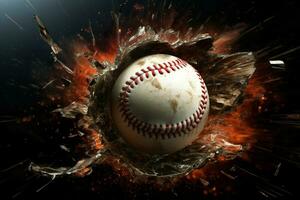 ai generato creativo design potenziale baseball spacca attraverso un' rotto finestra foto