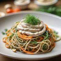 ai generato principale corso spiralizzato verdura tagliatelle con anacardio crema salsa. ai generativo foto