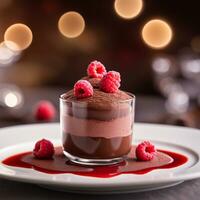 ai generato dolce cioccolato mousse aria con lampone coulis. ai generativo foto