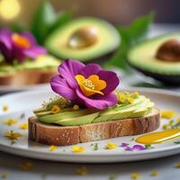 ai generato antipasto avocado rosa crostini con commestibile fiore contorno. ai generativo foto