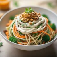 ai generato principale corso spiralizzato verdura tagliatelle con anacardio crema salsa. ai generativo foto