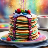 ai generato arcobaleno Pancakes con commestibile luccichio sciroppo. ai generativo foto