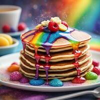 ai generato arcobaleno Pancakes con commestibile luccichio sciroppo. ai generativo foto