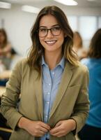 ai generato foto amichevole sorridente donna guardare lieta a davanti di ai Generatore