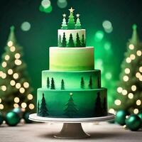 ai generato un' stanco torta con minimalista Natale albero sagome nel occhiali da sole di verde, che vanno a partire dal buio per luce. ai generativo foto