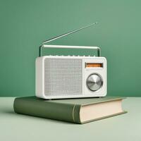 ai generato un' moderno Radio nel un' pianura bianca Vintage ▾ design si siede su superiore di un' pianura bianca rilegato libro. isolato su verde sfondo. ai generativo foto