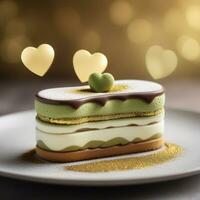 ai generato un' moderno torcere su Tiramisù con a forma di cuore savoiardi, infuso con matcha mascarpone, e un' spolverare di commestibile oro o cacao polvere. ai generativo foto