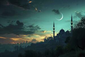 ai generato mezzaluna e luminosa stella nel il cielo, sopra il moschea foto