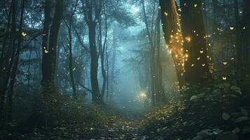 ai generato magico fantasia Fata racconto scenario, notte nel un' foresta. foto