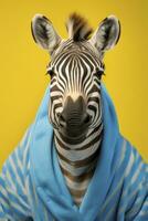 ai generato ritratto di un' zebra indossare accappatoio con pastello blu sfondo foto