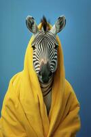 ai generato ritratto di un' zebra indossare accappatoio con pastello blu sfondo foto