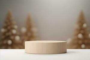 ai generato Natale tema di legno podio piedistallo o piattaforma sfondo con bokeh leggero e pino albero foto