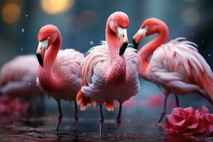 ai generato avvicinamento carino rosa fenicottero uccello nel il selvaggio generativo ai foto