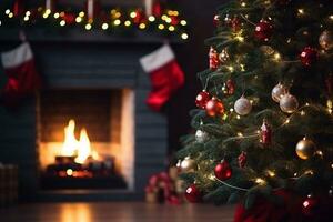 ai generato Visualizza di meravigliosamente decorato Natale albero nel casa foto