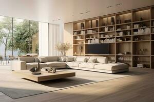 ai generato 3d reso minimo stile moderno vivente camera interno design con divano foto