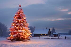 ai generato neve scenario di inverno Paese delle meraviglie con splendente Natale albero foto