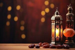 ai generato ornamentale Arabo lanterna raggiante per musulmano santo mese Ramadan kareem foto