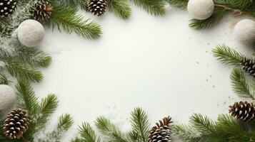 ai generato Natale composizione di abete albero rami con palline e i regali su bianca sfondo foto