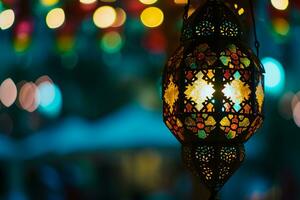 ai generato un illuminato Arabo colorato sospeso Ramadan lanterna foto