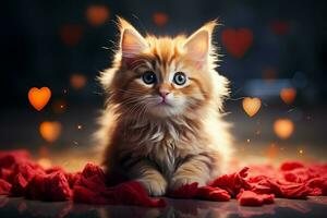 ai generato pawsitively adorabile un' dolce gattino annidato con un' cuore radiante amore ai generato foto