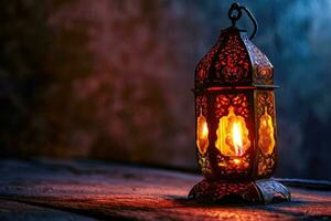 ai generato ornamentale Arabo lanterna con ardente candela raggiante a notte. musulmano santo mese Ramadan kareem. foto