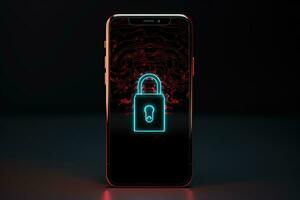 ai generato informatica sicurezza, mobile Telefono con sicurezza serratura sistema per Rete. smartphone schermo per privacy, antivirus o pirateria foto