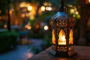 ai generato ornamentale Arabo lanterna con ardente candela raggiante a notte. musulmano santo mese Ramadan kareem. foto