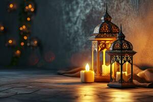 ai generato ornamentale Arabo lanterna con ardente candela raggiante a notte. musulmano santo mese Ramadan kareem. foto