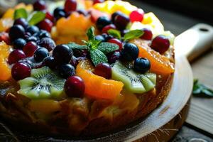 ai generato appena al forno frutta torta con fresco frutta foto