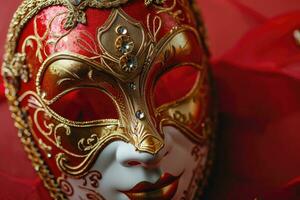 ai generato festivo veneziano carnevale maschera con oro decorazioni su rosso sfondo. foto