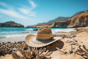 ai generato cannuccia cappello su il sabbia spiaggia professionale fotografia foto