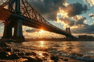 ai generato d'oro ora foto di il ponte con drammatico illuminazione professionale fotografia