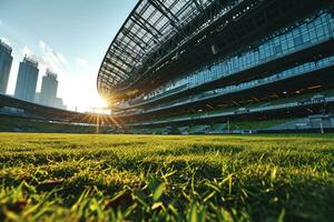 ai generato lussureggiante verde prato a calcio calcio gli sport stadio professionale fotografia foto