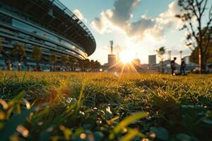 ai generato lussureggiante verde prato a calcio calcio gli sport stadio professionale fotografia foto