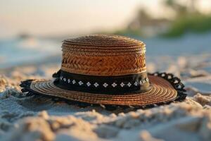 ai generato cannuccia cappello su il sabbia spiaggia professionale fotografia foto