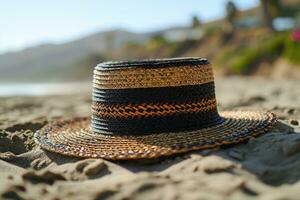 ai generato cannuccia cappello su il sabbia spiaggia professionale fotografia foto