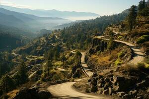 ai generato a il bordo di il foresta avvolgimento strada tratti indietro professionale fotografia foto