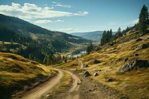 ai generato a il bordo di il foresta avvolgimento strada tratti indietro professionale fotografia foto