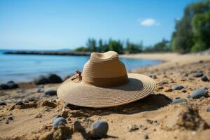 ai generato cannuccia cappello su il sabbia spiaggia professionale fotografia foto