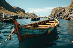 ai generato bellissimo paesaggio marino spiaggia oceano con colorato Barche professionale fotografia foto