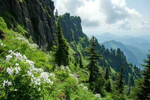 ai generato superiore di il montagna escursioni a piedi professionale fotografia foto