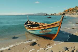 ai generato bellissimo paesaggio marino spiaggia oceano con colorato Barche professionale fotografia foto