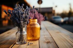 ai generato di legno tavolo con fiori professionale fotografia foto