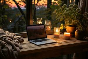 ai generato Lavorando nel letto con il computer portatile professionale fotografia foto