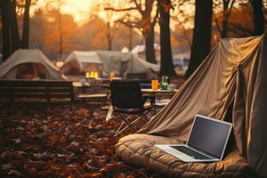 ai generato Lavorando nel letto con il computer portatile professionale fotografia foto